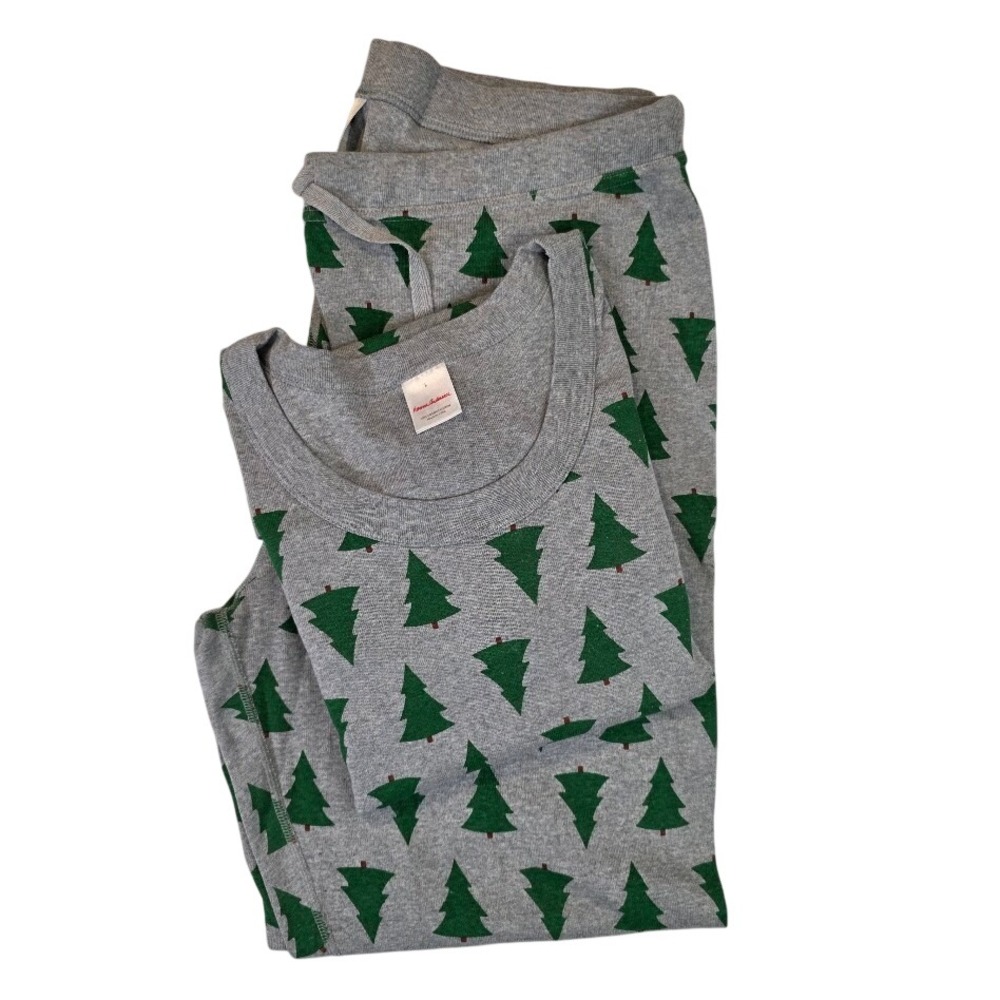 Hanna Andersson Women L/XL Pajama Set Gray Green Christmas Tree Organic Cotton